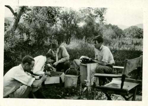 Scan of photograph from Judge Burt Cosgrove photo album. Burton-Hattie-Dr GIllell-Dal De wiess Swarts Camp 1925