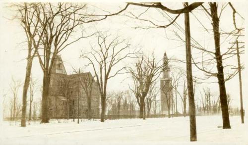 Scan of photograph from Judge Burt Cosgrove photo album.Chapel and carillon tower, Phillips Academy
