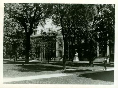 Scan of photograph from Judge Burt Cosgrove photo album.Thayer Hall and University Hall, Harvard University
