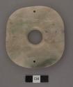 Ground stone; perforated disk - 1 large bevelled central perf'n flanked by 2 sma