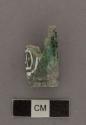 Two fragments of mostly green with some gray jade round tubular beads with hieroglyphs