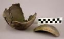 Ceramic bowl, plain, mended, 1 lug handle, 1 sherd included