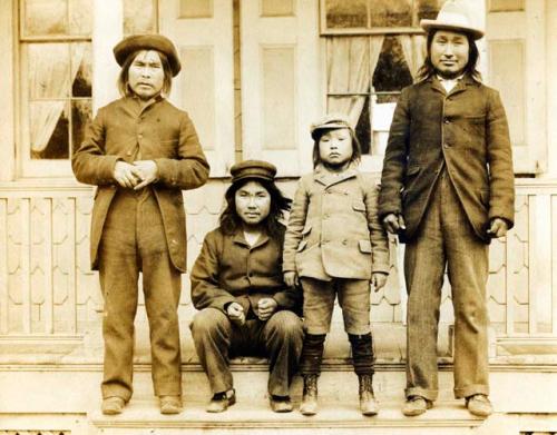 Unidentified Greenland Inuit man, Weocupsu, Mene and Kushus (left to right)