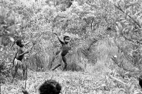 Samuel Putnam negatives, New Guinea.A child raises a spear to throw it at the hoop