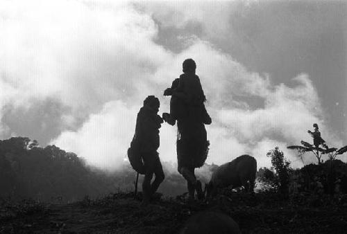 Samuel Putnam negatives,  2 women; one with child on her shoulders and pigs silhouetted in early morning.