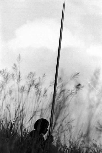 Samuel Putnam negatives, New Guinea; a man sits with 2 spears waiting for the battle to develop