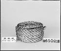 Lidded basket. From the collection of M.R. Harrington. Coiled, bundle foundation, interlocking thread stitches.