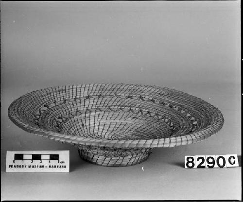 Basket, coiled bowl-shape, two open-work bands, pedestal base