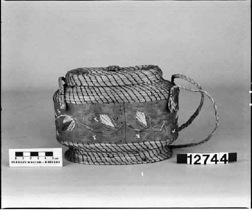 Grass basket with center band of bark; porcupine quill decoration