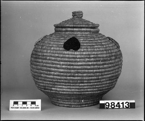 Lidded basket from the collection of G.F. Willey, 1906-7. Close coiled, bead decoration.