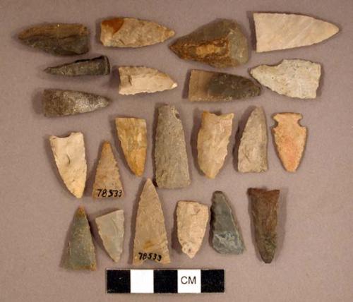 Chipped stone, scraper and projectile points, side-notched, triangular, and lanceolate