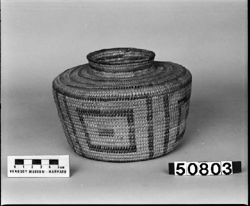 Jar-shaped basket. From the collection of the Hemenway Southwesterm Archaeological Expedition. Coiled, bundle foundation.