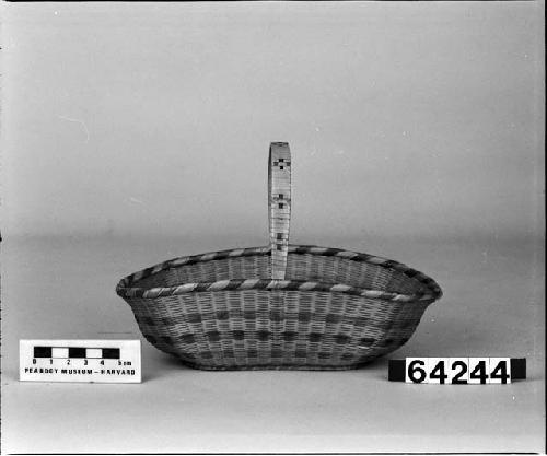 Basket, gift of Capt. Richard J. Cleveland to his qrand-niece, c. 1858. "Possibly not Native American due to the presence of a wood splint on bottom, fine quality and shape makes this basket dubious as far as provenance." (RUB 1983)