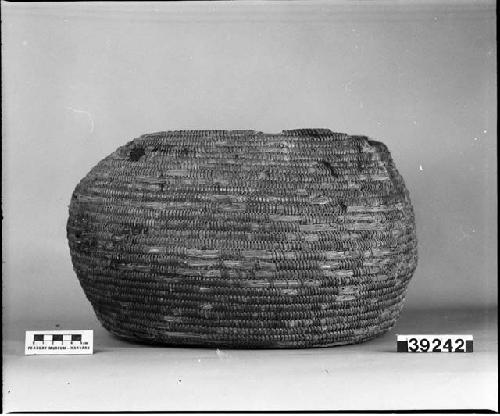 Large basket from a cave in the San Martin Mountains, outside of Los Angeles, So. California. Gift of Dr. Stephen Bowers, 1885.