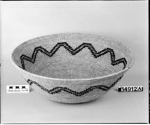 Bowl shaped basket, from the Indians at Aguoc Caliente, 10 miles south of White Water Station. From the collection of P. Schumachu, 1878.