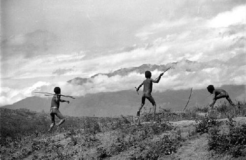 Samuel Putnam negatives, New Guinea; boys with spears throwing at hoop