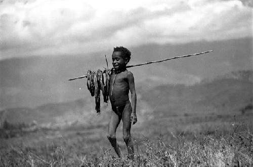 Samuel Putnam negatives, New Guinea; young boy with many hoops in his spear; he is going home