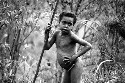 Samuel Putnam negatives, New Guinea; Tukom standing in the pavi grove behind Wuperainma; waiting for the game to go on