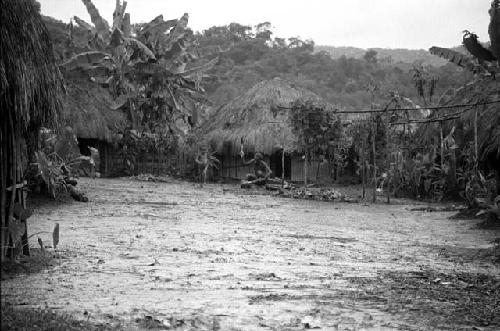 Samuel Putnam negatives, New Guinea; Wuperainma I sili; a man near the honai is using a stick