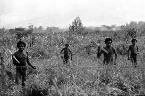 Samuel Putnam negatives, New Guinea; 4 young men running with spears or bows and arrows