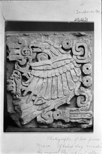 Clay piece from an anient ruin of Southern Mexico. 30 inches square and 5 inches thick, with portions of the original blue, red and yellow colors still adhering. They are in alto-relievo and represent the ancient Mexican idea of an eclipse, viz: an eagle devouring the sun. The five circles represent the date.