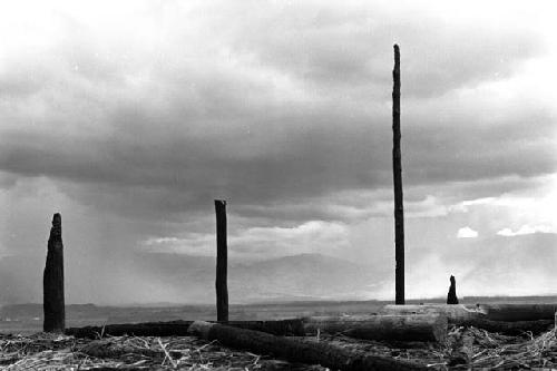 Samuel Putnam negatives, New Guinea; a boy against the skyline up with the partially finished structure where they gather wood