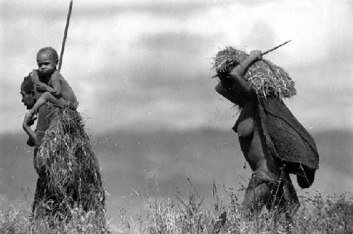 Samuel Putnam negatives, New Guinea; 2 women walking in the fields; one has a child on her shoulders