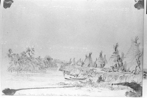 Painting of camp along river bank