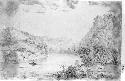 Drawing of a person rowing a boat along the Mississippi River