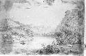 Drawing of a person rowing a boat along the Mississippi River