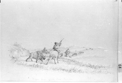 Drawing of a buffalo hunt