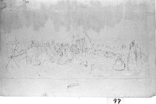 Drawing of a group of people in a camp