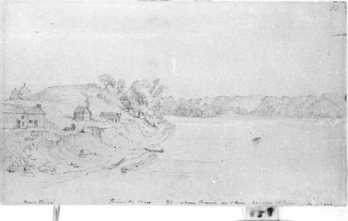 Drawing of buildings along bank of Mississippi River