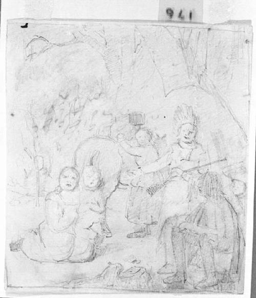 Drawing of people kneeling and standing, with a horse next to them