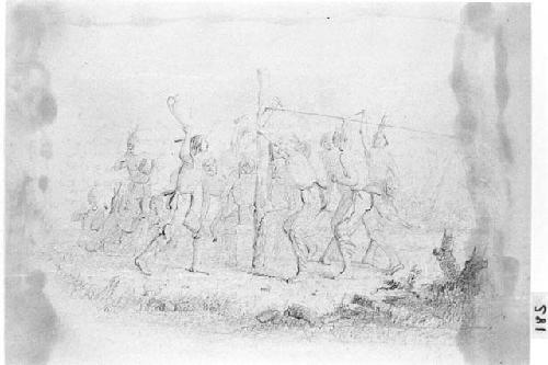 Drawing of a group of people putting up a post