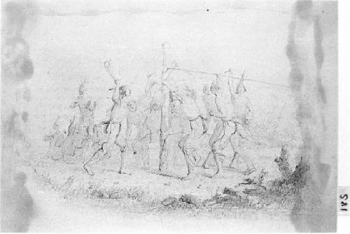 Drawing of a group of people putting up a post