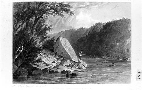 Print of a person fishing next to Inscription Rock