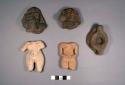 5 pottery pieces: 1 2 handled cup (typical Pamplona phase), 2 human faces, 2 torsos