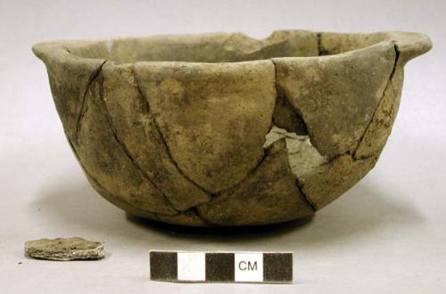 Ceramic complete vessel, two handles, heavily mended, one sherd inside