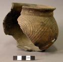 Ceramic partial vessel, jar, incised & punctate exterior, flared rim, mended