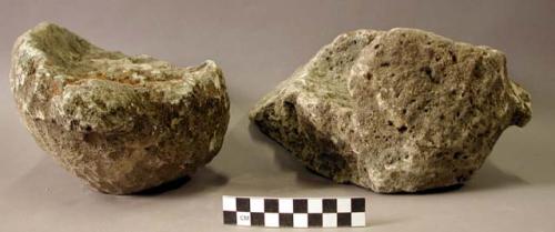 Ground stone, mortar in two pieces, each piece has one handle