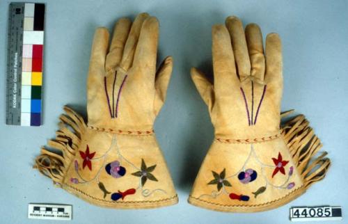 Pair of caribou skin gloves with flower decorations embroidered on cuff