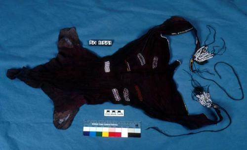 Breech clout; skin dyed red; skin has been peeled off animal in one piece; waist