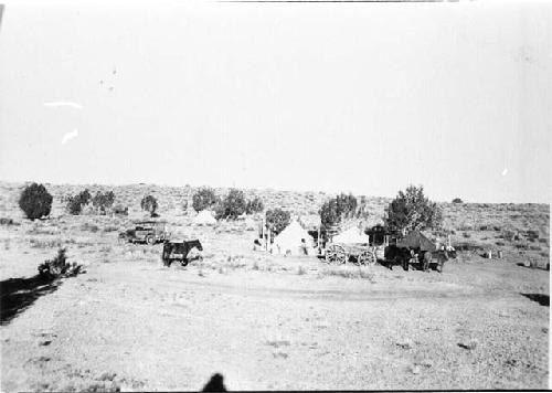 Tents, automobile, wagon and horses at Awatovi