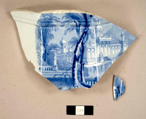 Blue and white transferprint pearlware sherds with faceted sides and molded edge, possibly a tureen