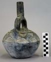 Ceramic, complete jar, stirrup spout, molded human and animal designs