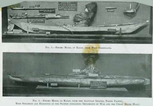 Model of kayak from West Greenland, and kayak from Aleutian Islands