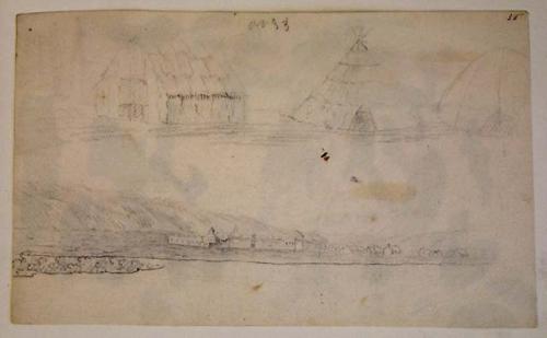 Sketch (wigwams, buildings, river)
