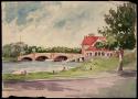 Watercolor sketch of the banks of the Charles River, the Weld boathouse and the