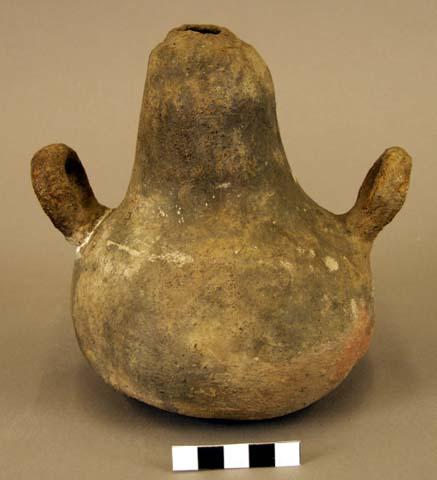 Ceramic bottle, gourd-shaped, 2 handles, orange patches, mended